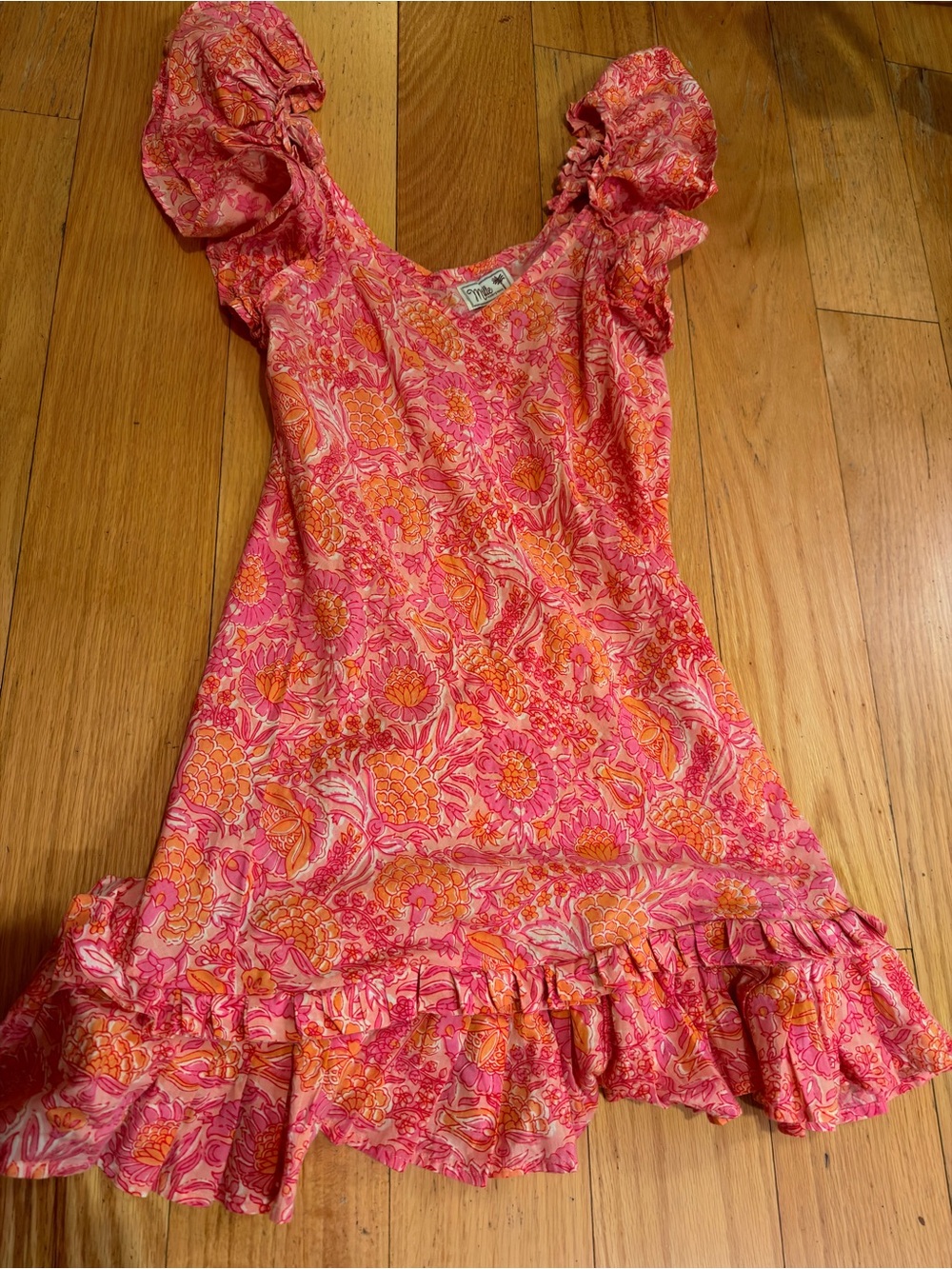 Mille Resort and Travel Floral Pink & Orange Ruffle Mini Dress with Puff Sleeves